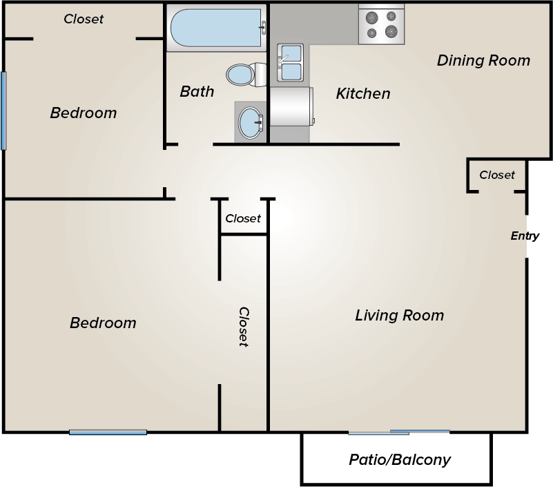 2 BEDROOM  1 BATH floor plan